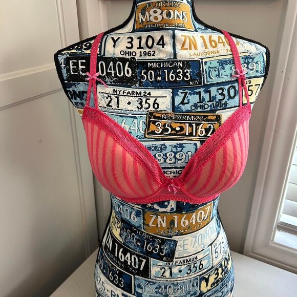 Y2K Style Betsey Johnson Hot Pink Striped Polka Dot Micro Mesh Bra w Bows - Picture 1 of 6